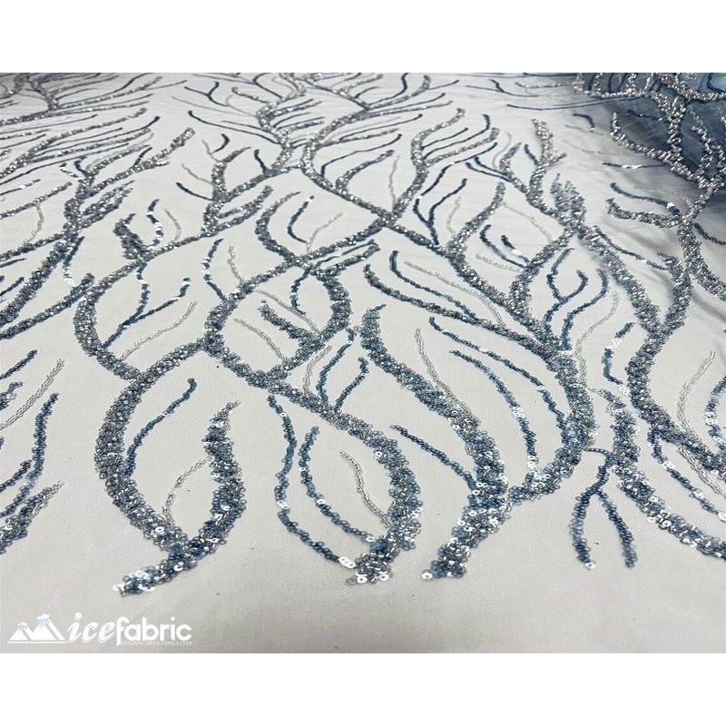 Light Blue Handmade Beaded Fabric / Lace Fabric With Sequin By the yard