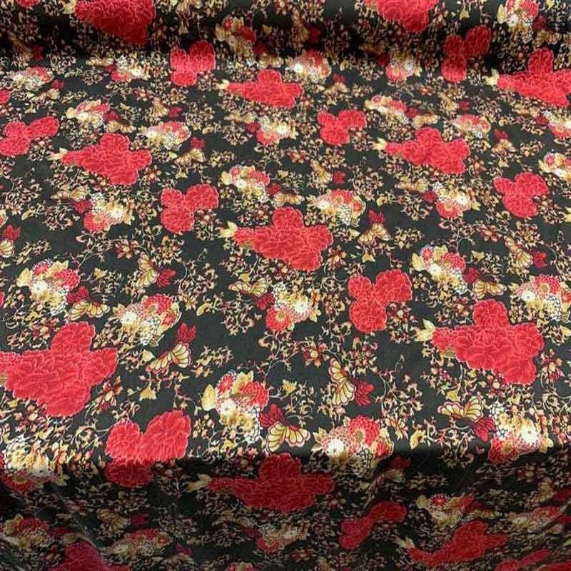 Red Floral Flowers on Brown Background Very Soft and Flowy Organic Rayon Challis Fabric