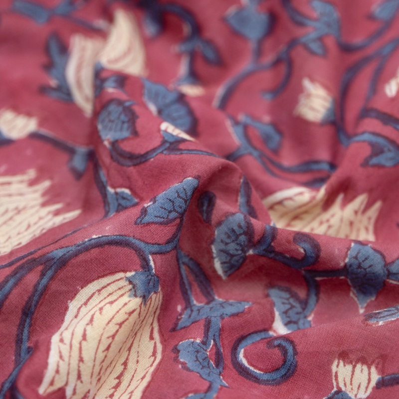 Vine Block Printed Organic Cotton Batiste – Garnet/Cashew/Ocean