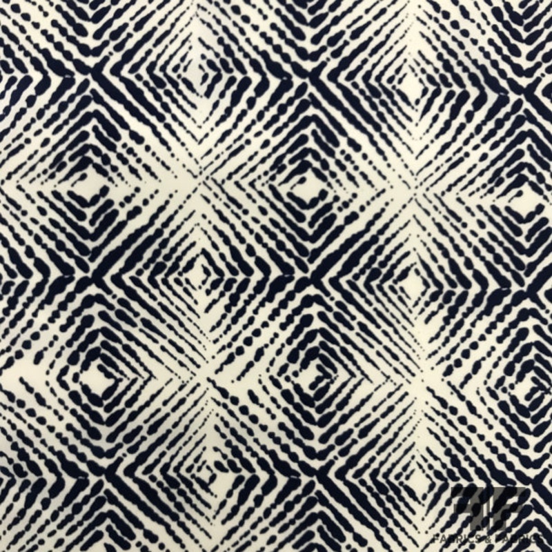 Geometric Printed Crepe De Chine – Navy/White Fabric by the Yard
