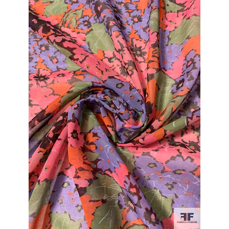 Summertime Floral Printed Cotton Voile – Pink / Purple / Leaf Green / Coral / Eggplant Fabric by the Yard