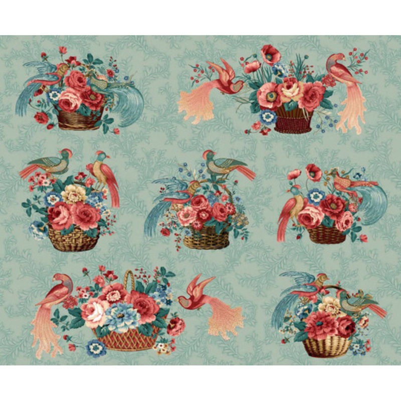 Philomena ~ Baskets and Birds ~ 3484-17 Light Teal 1/2 Yard
