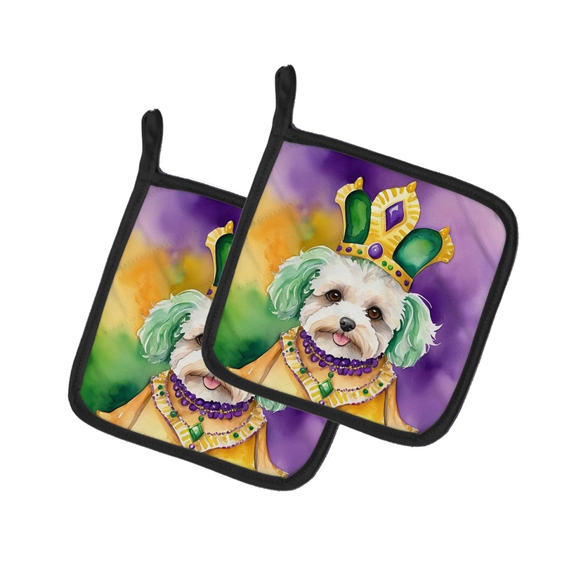Maltipoo King of Mardi Gras Pot Holders – Set of 2 Decorative Kitchen Helpers | Made in the USA